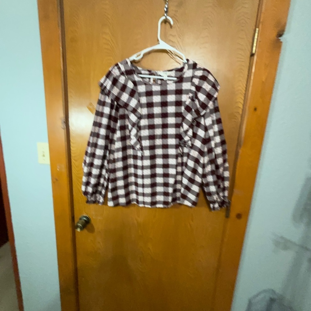 Terra & Sky blouse with black, white and Gray Checkered Top with Red Detail